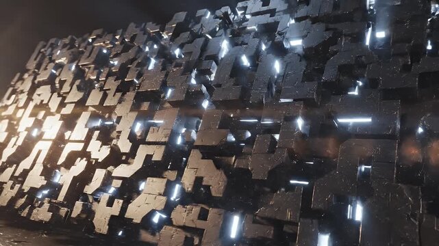 Abstract geometric structure with dramatic lighting in a dark void.