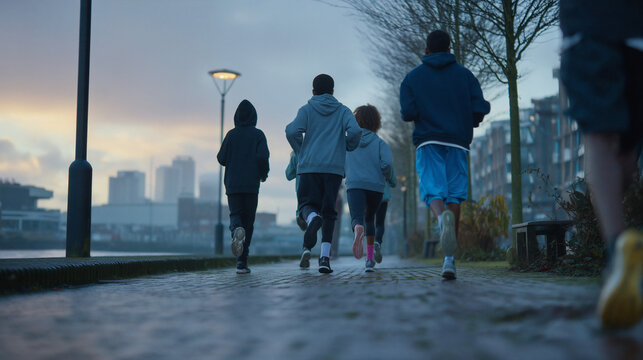 A family jogs together along a paved waterfront promenade at dusk, the city skyline glowing behind them as they share an active outdoor moment of fitness, health and connection.