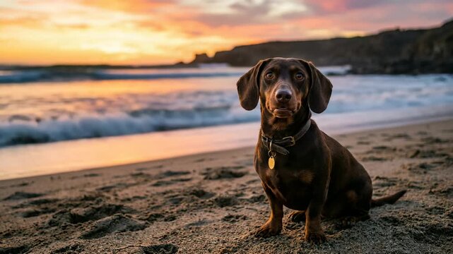 dachsador dog on huntington beach california golden light close up video