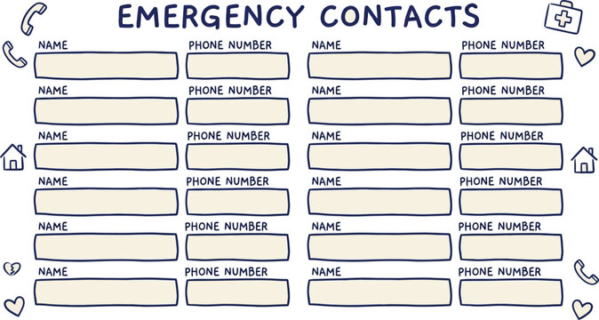 Professional Emergency Contact List Template Featuring Blank Document Rows for Important Names, Telephone Numbers, and Urgent Medical Information for Family Household Safety Planning