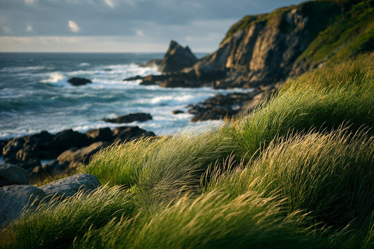 Lush green grass bends in the coastal wind atop a rugged rocky headland while white waves crash against dark jagged rocks along the wild remote shoreline below under a moody evening sky.