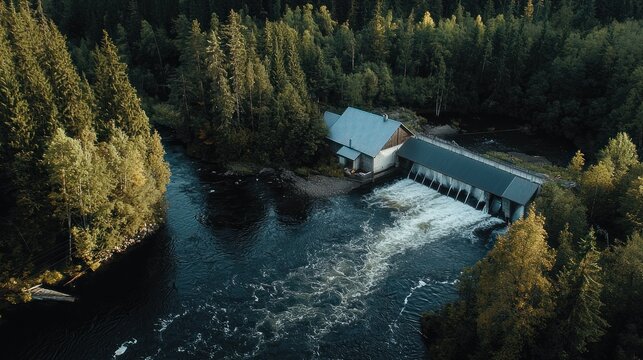 Aerial view of a small hydroelectric dam in a forest.