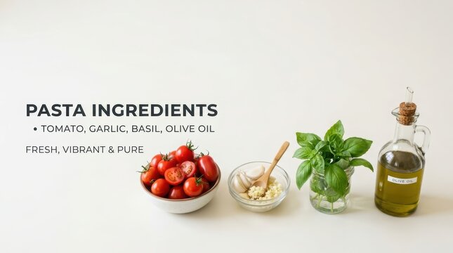 Pasta ingredients including tomato, basil and olive oil lined up in a flat lay with labels