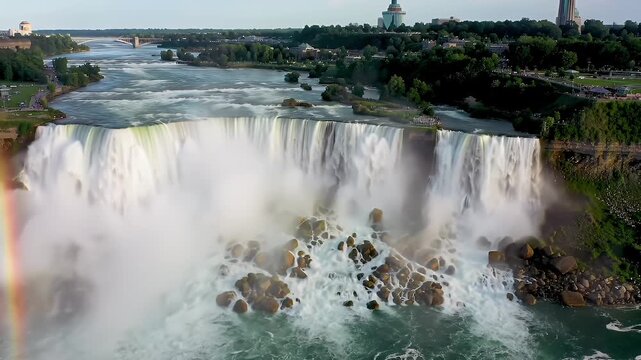 Niagara Falls cascades powerfully into a misty pool below, with a faint rainbow visible.