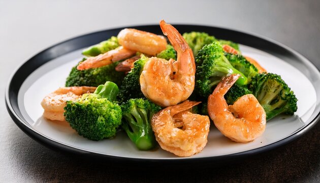 a plate of saut ed shrimp and broccoli on a white plate with black rim