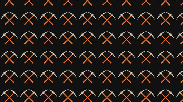 Industrial mining equipment pattern featuring crossed metallic pickaxe tools arranged in a repetitive geometric grid against a dark charcoal backgroun