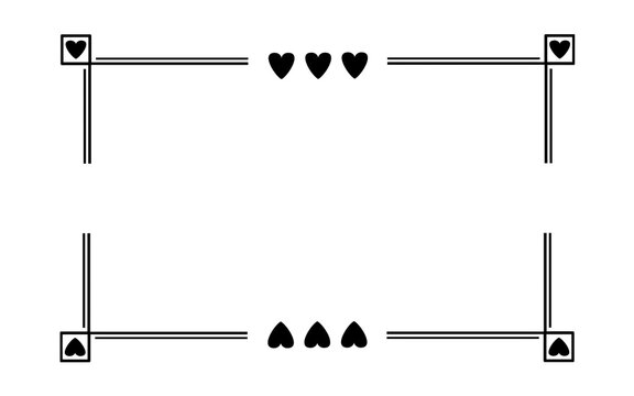Romantic black lines frame featuring heart shapes in corners and top center border layouts
