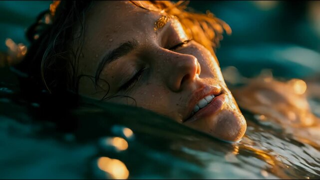 Close-up of a woman floating peacefully in sparkling water with warm bokeh lights, evoking relaxation, summer beauty and spa wellness