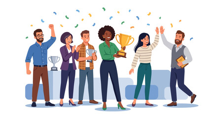 Obraz premium Diverse team celebrating success with trophies and confetti, teamwork achievement