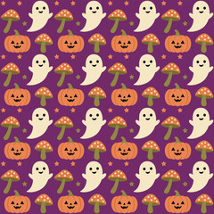 Obraz premium Cute Halloween Seamless Pattern with Pumpkins and Ghosts on Purple Background