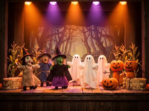 Decorated stage with witch puppets and ghost figures stands under colorful stage lighting for a spooky festive holiday event.