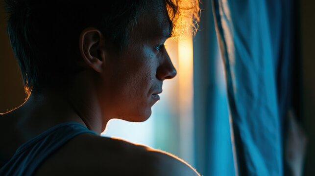 Young man opening curtains to let in morning light in dark apartment