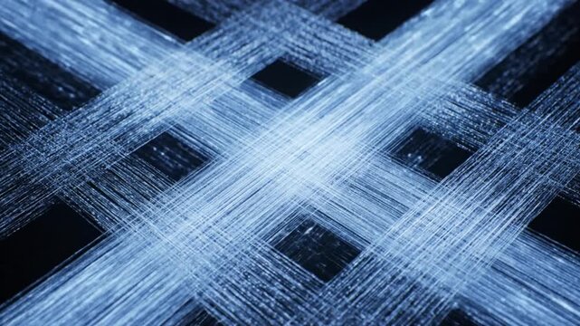Blue threads weaving into a geometric pattern on a dark background