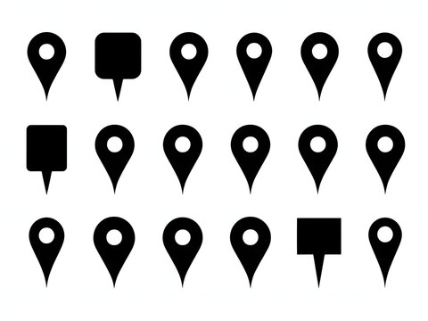 Set of black map pointer icons and location pin symbols for navigation and web design.