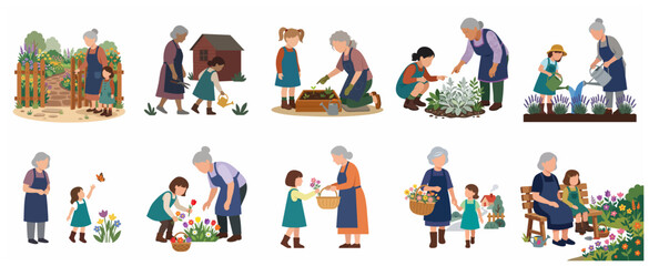 Set of flat vector illustrations of a grandmother and granddaughter gardening together, planting flowers, watering, and enjoying nature activities in the backyard garden.