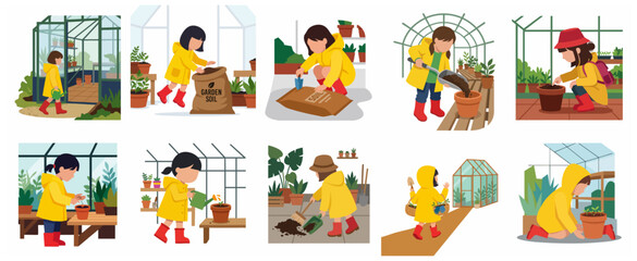 Fototapeta premium Set of flat vector illustrations of a little girl gardening in a greenhouse, planting seeds, and watering plants wearing a yellow raincoat and red boots