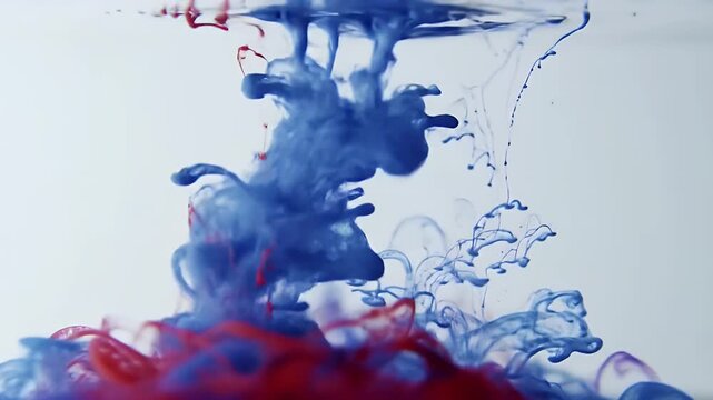 Red and blue ink dissolving in water creating abstract shapes.