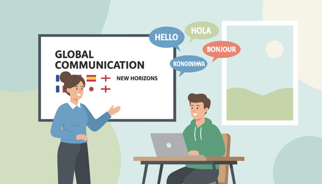 Female teacher presenting global communication and new language horizons to a student in a classroom.