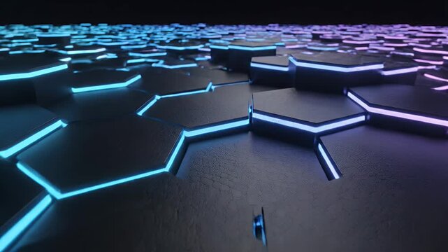 A dark, futuristic hexagonal pattern with glowing purple and blue light.