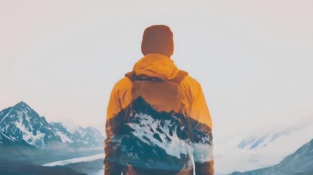 A double exposure image blending a person in a yellow jacket with a snowy mountain landscape under a pale sky.