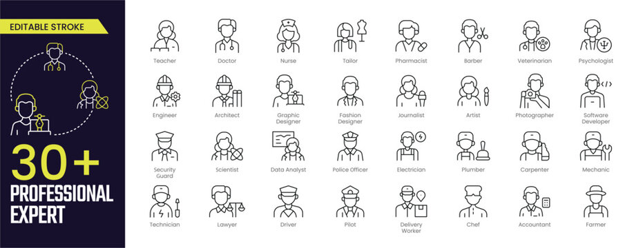 Professional Expert Stroke icon collections. Containing professional, expert, occupation, career, profession, worker, employee, specialist, teacher, tutor, and doctor icons. Editable Stroke icon colle