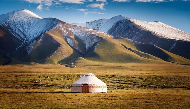 traditional asian nomadic yurt in field in the highlands against background of mountains