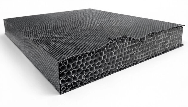 A rectangular section of black carbon fiber honeycomb composite showing the internal hexagonal structure on a plain white background