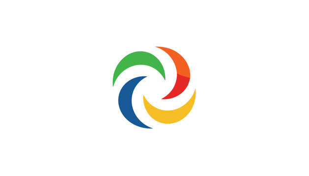 Abstract circular logo design shows multi colored curved shapes arranged in a swirling pinwheel pattern on clean white background.