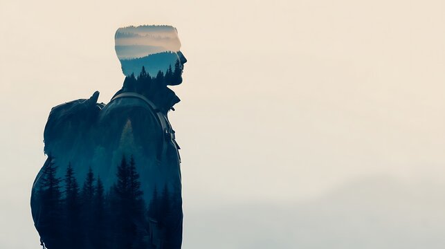 A double exposure image of a person with a backpack blended with a forest and mountain landscape, symbolizing adventure and connection with nature.