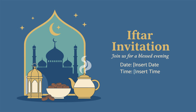 Elegant Iftar invitation card displays dark blue mosque silhouette, traditional lantern, teapot, and dates under crescent moon.