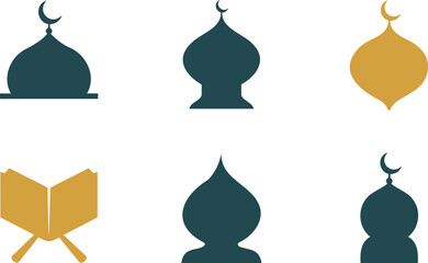 Islamic architecture domes and crescent moon symbols with open book on white background © Jarina