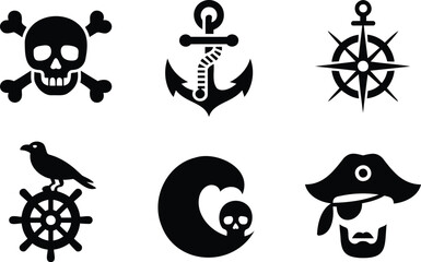 Pirate symbols and nautical icons including skulls anchors compasses and ships steering wheels  sea pirate signs © Jarina
