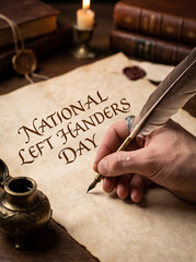 National Left Handers Day Celebration, Left handed writing with feather quill pen vintage manuscript awareness event vector illustration