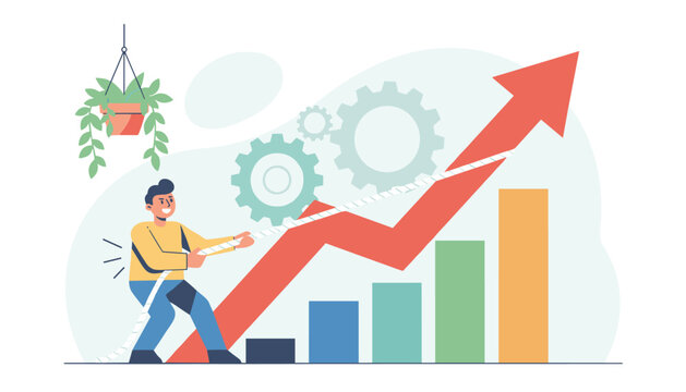 Ambitious business professional pulls up business growth chart line using a rope, demonstrating determination and drive.