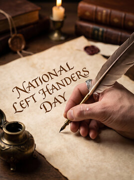 National Left Handers Day Celebration, Left handed writing with feather quill pen vintage manuscript awareness event vector illustration
