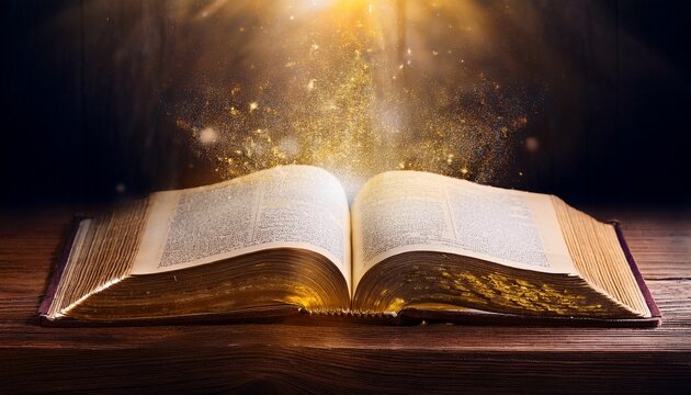 open sacred tome on aged wood gilded pages glowing softly through drifting dust