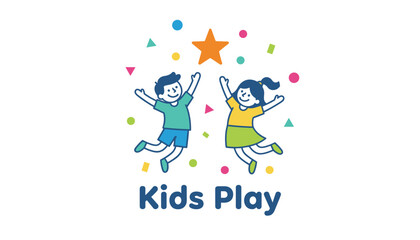 Naklejka premium Playful kids play brand logo shows happy young boy and girl jumping for joy towards a bright golden star on white background.