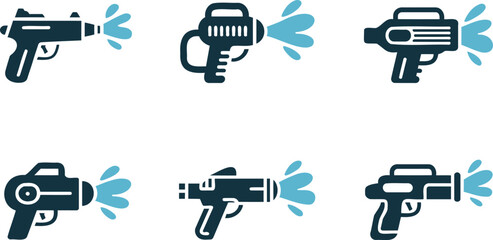 Six water guns in different designs shooting water on white background © Jarina