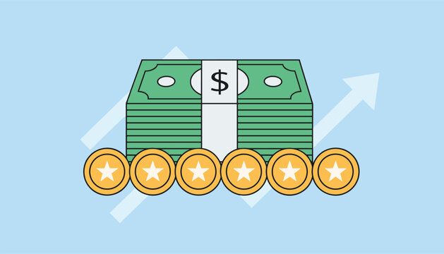 Thick stack of green dollar bills resting on a row of gold star coins signifies solid wealth and strong financial growth.