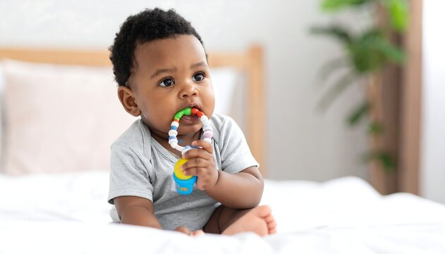 A baby sitting on a bed, holding a teether toy