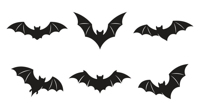 Set of six black bat silhouettes on a white background