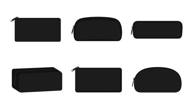 Collection of six black zippered pouches in various shapes and sizes