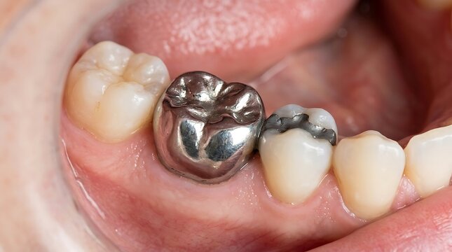Close up view of a human molar tooth with a metal crown and a silver filling inside a person mouth for dental care