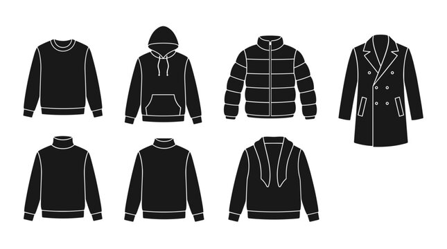 Collection of black clothing icons including sweaters hoodies puffer jacket and coat