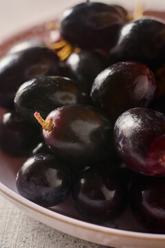 dark purple grapes in white bowl in close-up view, fresh ripe sweet fruit with glossy skin in soft focus, healthy eating and organic agriculture concept