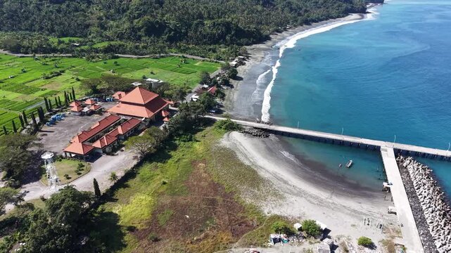 Aerial View Amed Fishing Village Harbor Rice Fields Bali Coastline.