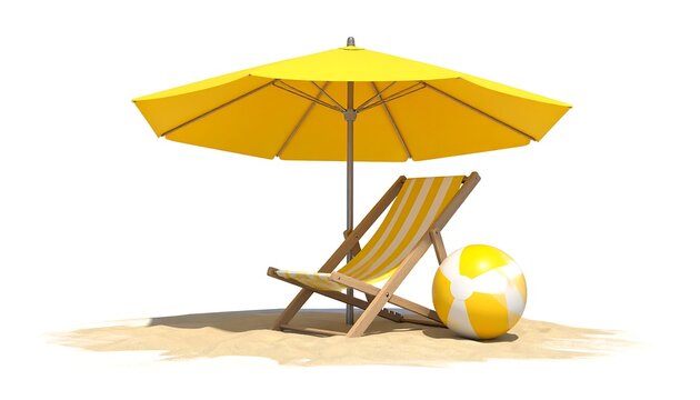 A beach scene with a yellow umbrella, lounge chair, and ball