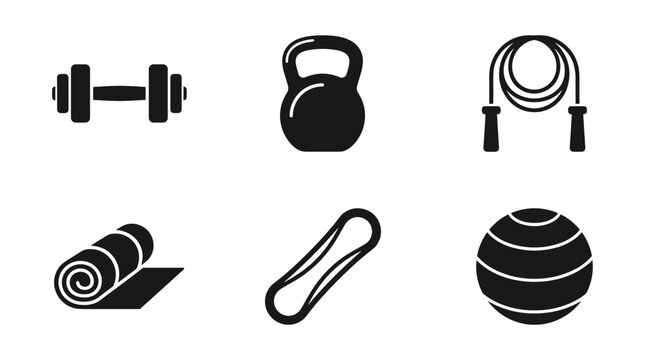 Fitness equipment icons including dumbbell kettlebell jump rope yoga mat resistance band and exercise ball