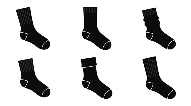 Collection of six black socks with different styles and patterns on white background
