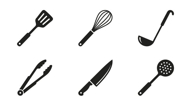 Collection of Black Kitchen Utensil Icons on White Background